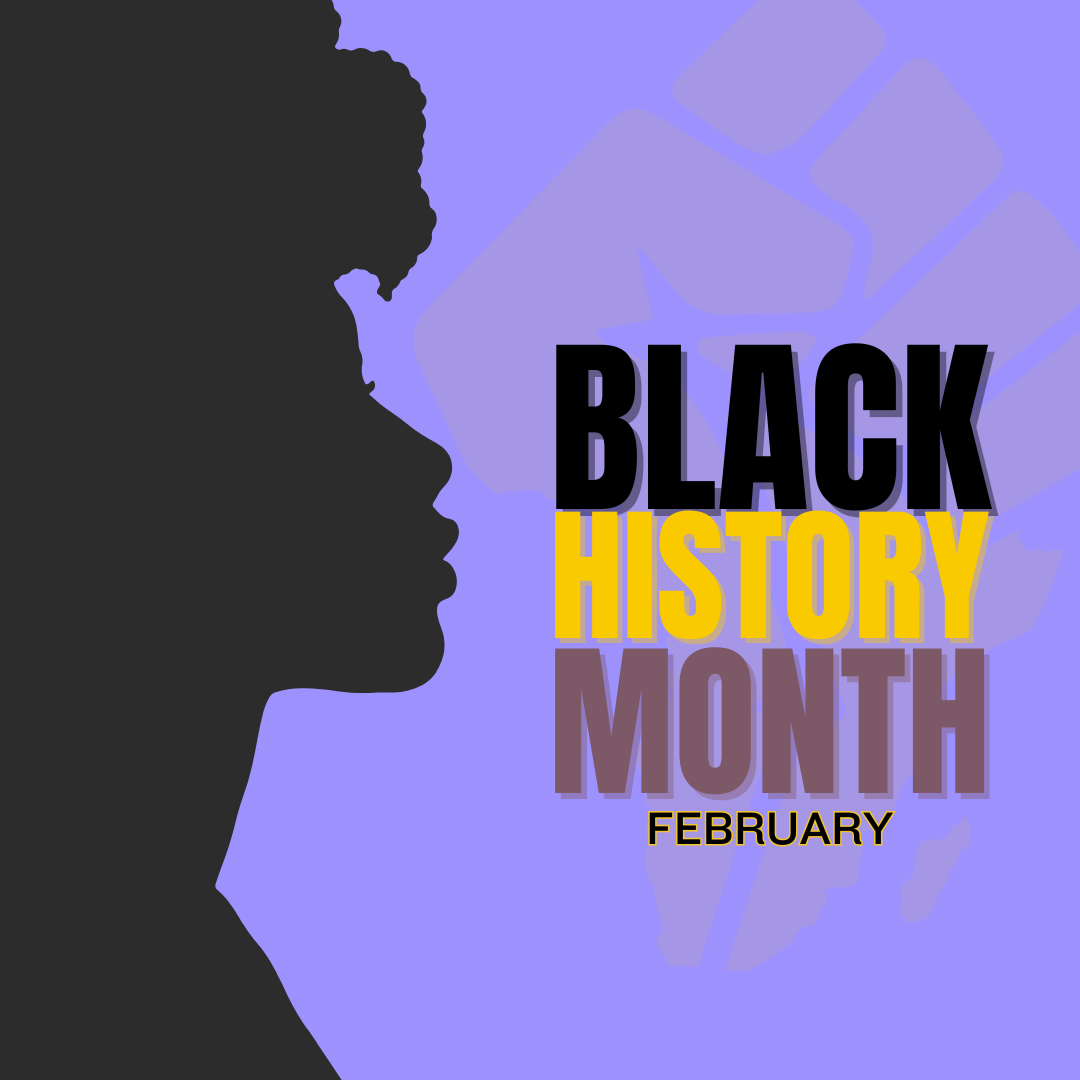 purple background image with an african american female in profile on the left and the words Black History Month February on the right.