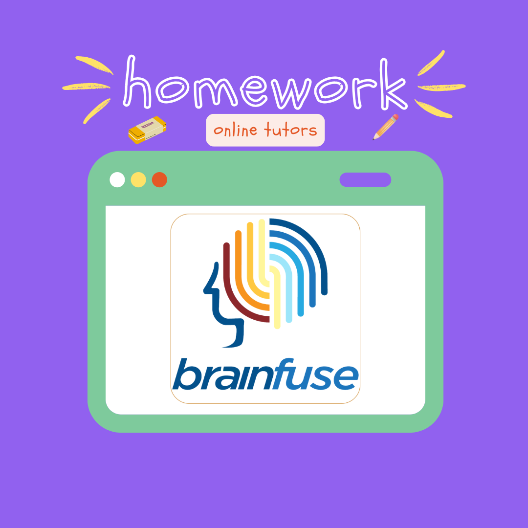 purple background image with a tablet graphic that has Homework Online tutors and Brainfuse service logo on it.
