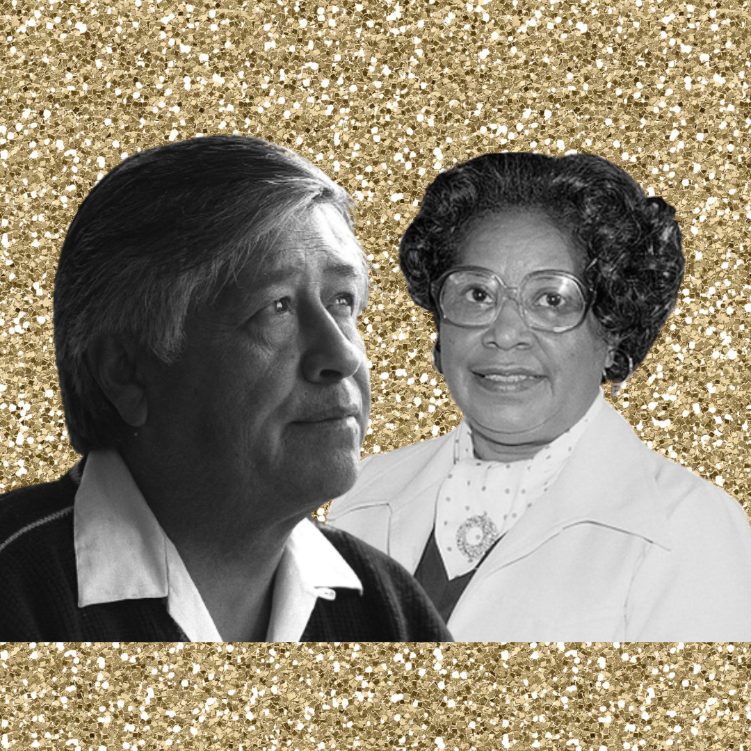 cesar chavez and mary jackson on a gold glitter background