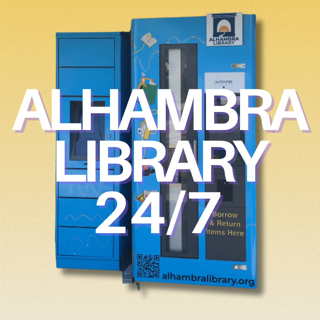 photo of the alhambra library vending library and locker machine on a yellow backdrop with the words "Alhambra Library 24/7" on top of it.