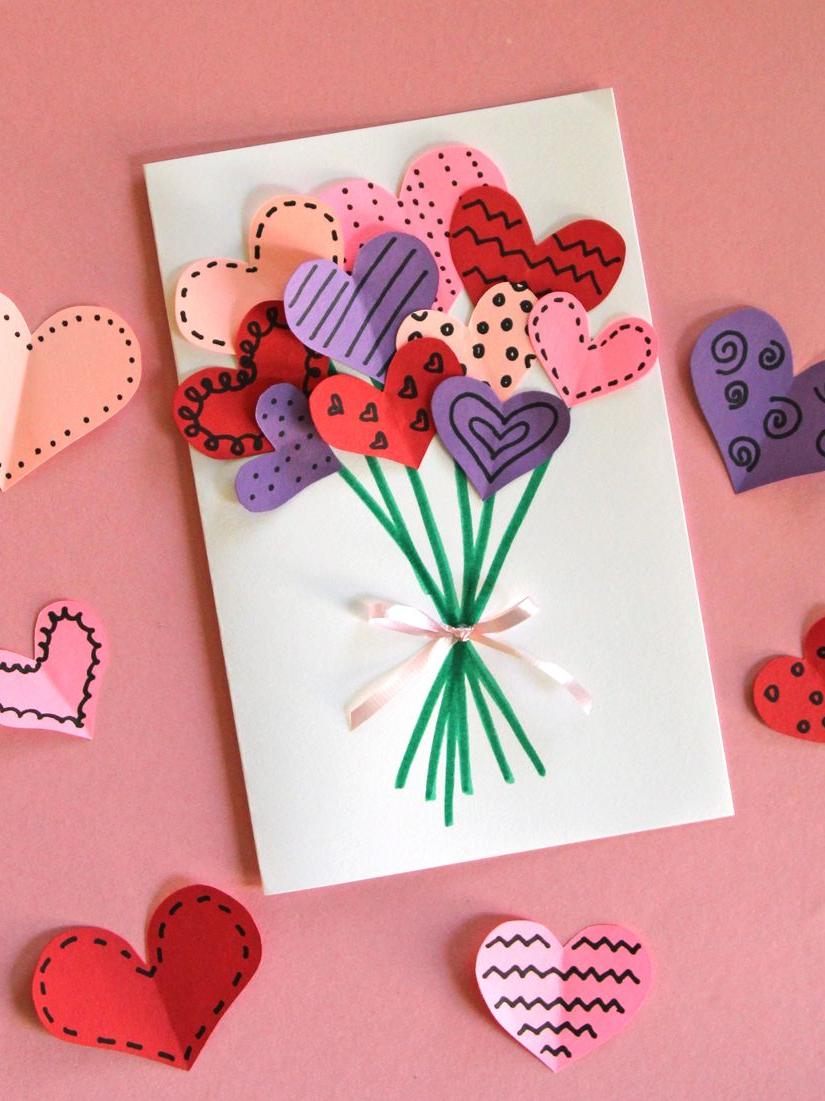 card with heart shapes on the front in the form of a flower bouquet