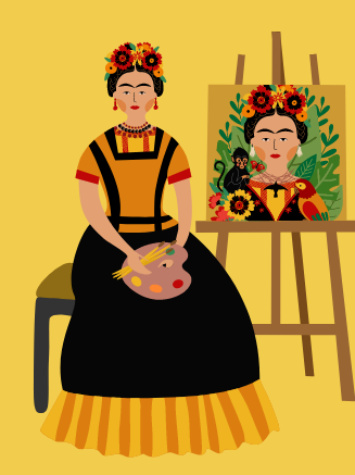Frida Kahlo painting a self-portrait