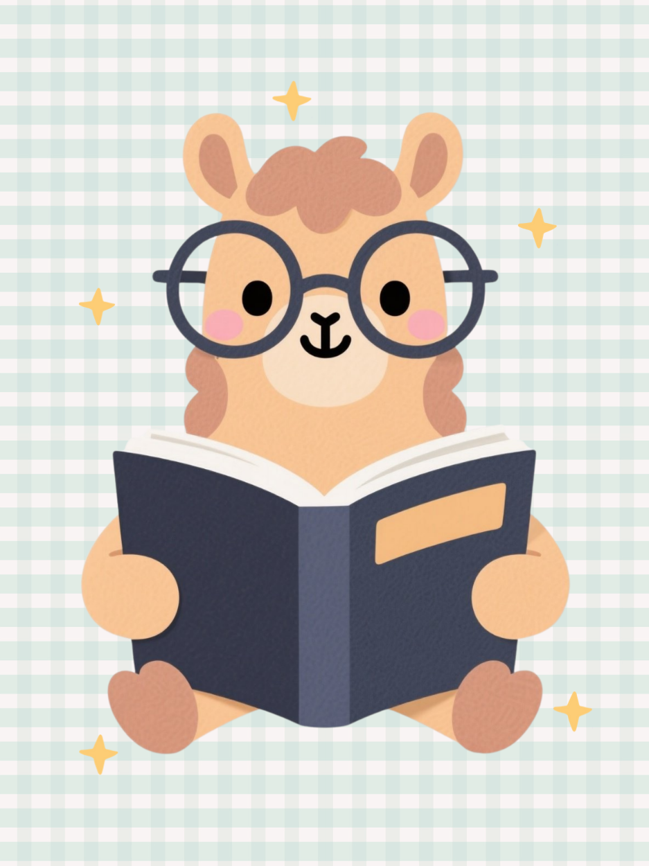llama with glasses reading a book on a light turquoise checkered background