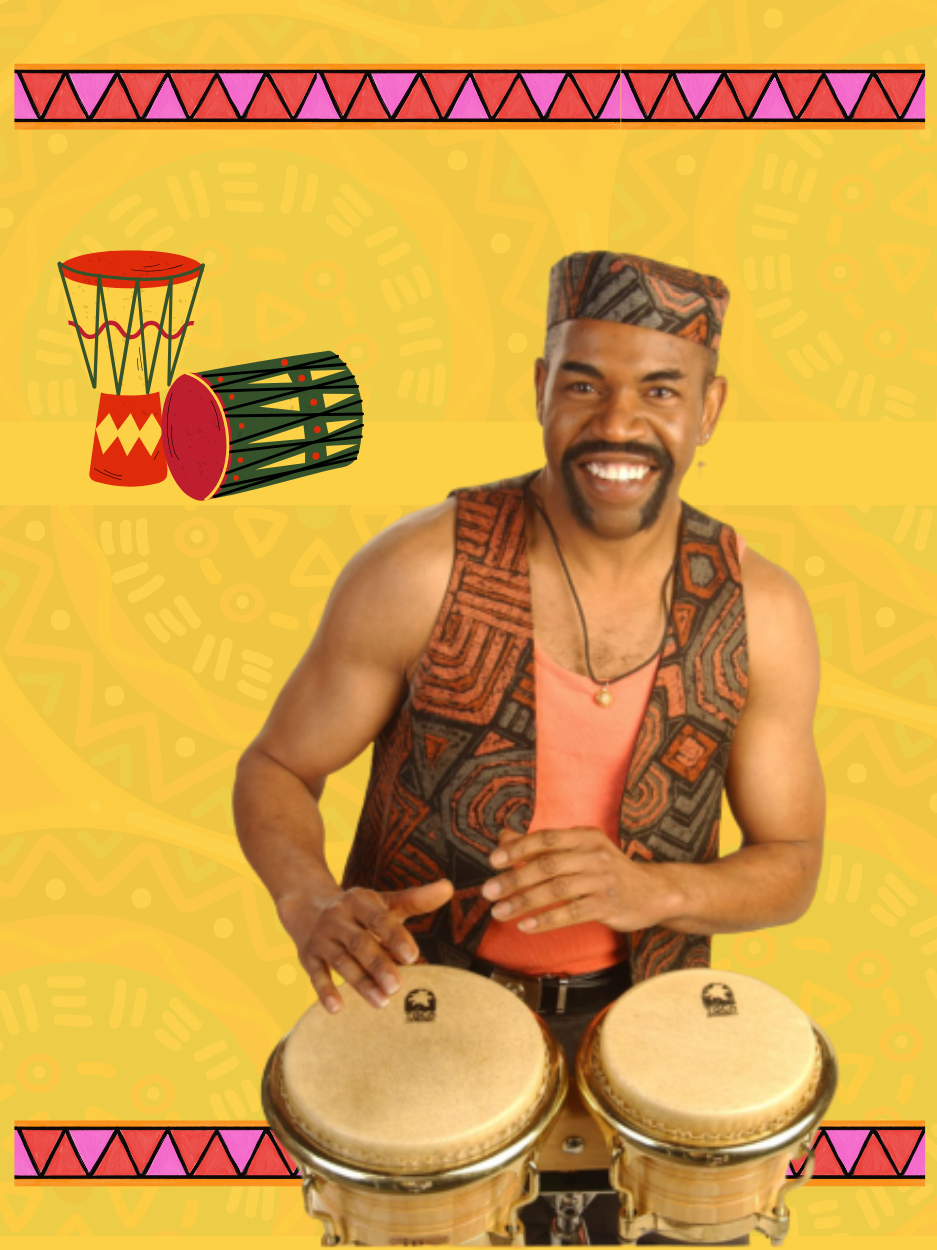 A smiling man wearing a patterned vest and matching cap plays a pair of bongo drums. The background is bright yellow with decorative geometric patterns and illustrated drums, framed by red and pink tribal-style borders at the top and bottom.