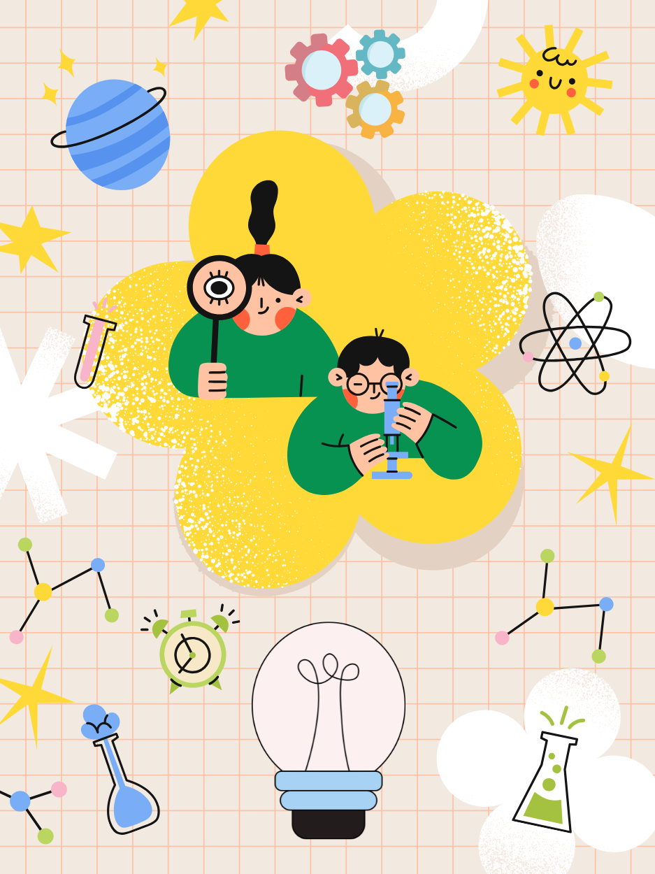 Colorful illustration of two children doing science experiments. One child holds a magnifying glass and the other looks through a microscope. They are surrounded by science-themed elements like planets, stars, an atom symbol, test tubes, flasks, molecules, gears, a light bulb, and a smiling sun, against a grid-patterned background.