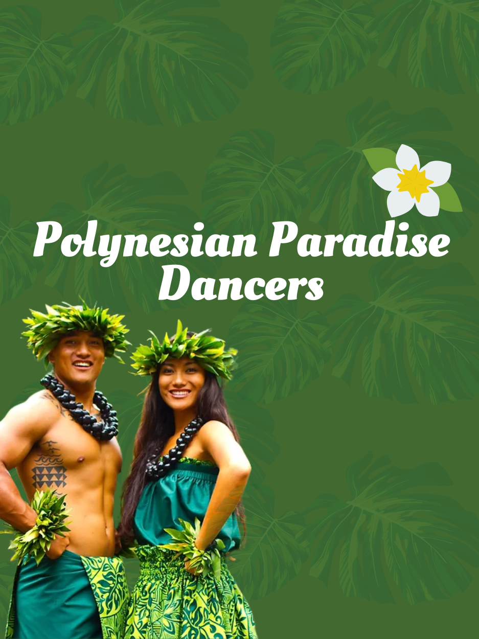 polynesian paradise dancers on green background with male and female hawaiian dancers