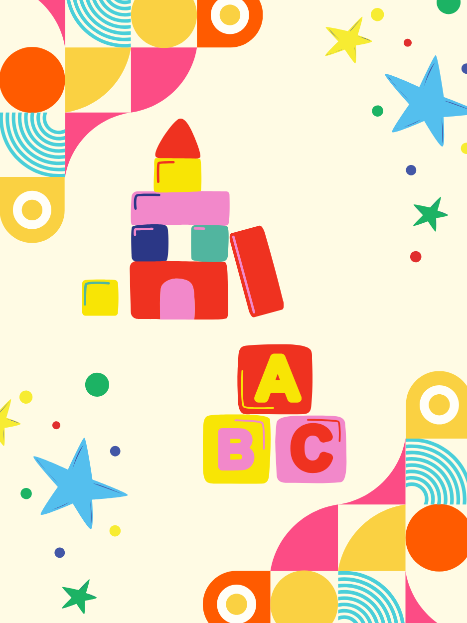 A colorful illustration on a beige background featuring children’s toys and abstract shapes. In the center-left is a stack of bright toy blocks forming a small tower or castle shape. Below and to the right are three large alphabet blocks labeled “A,” “B,” and “C”. The background is decorated with large geometric patterns in pink, yellow, teal, and orange with a few stars and dots.
