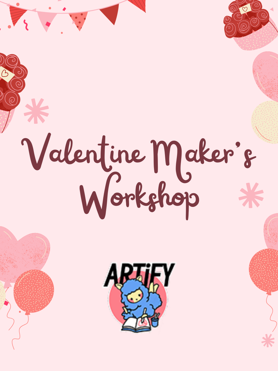 valentine maker's workshop event with artify logo balloons and valentine flowers in pink