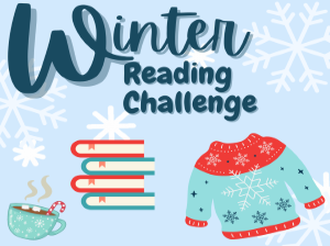 Winter Read Challenge text on light blue background with images of a stack of books, a holiday sweater, and a cup of hot chocolate