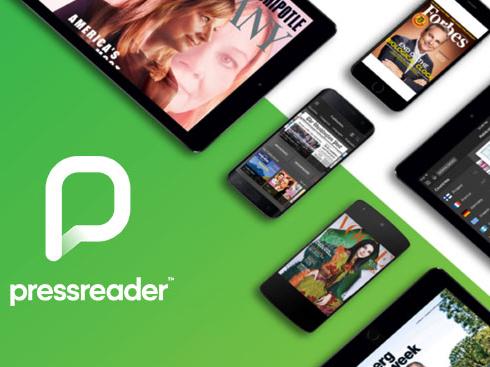 Pressreader logo with mobile device featuring magazine and newspaper content