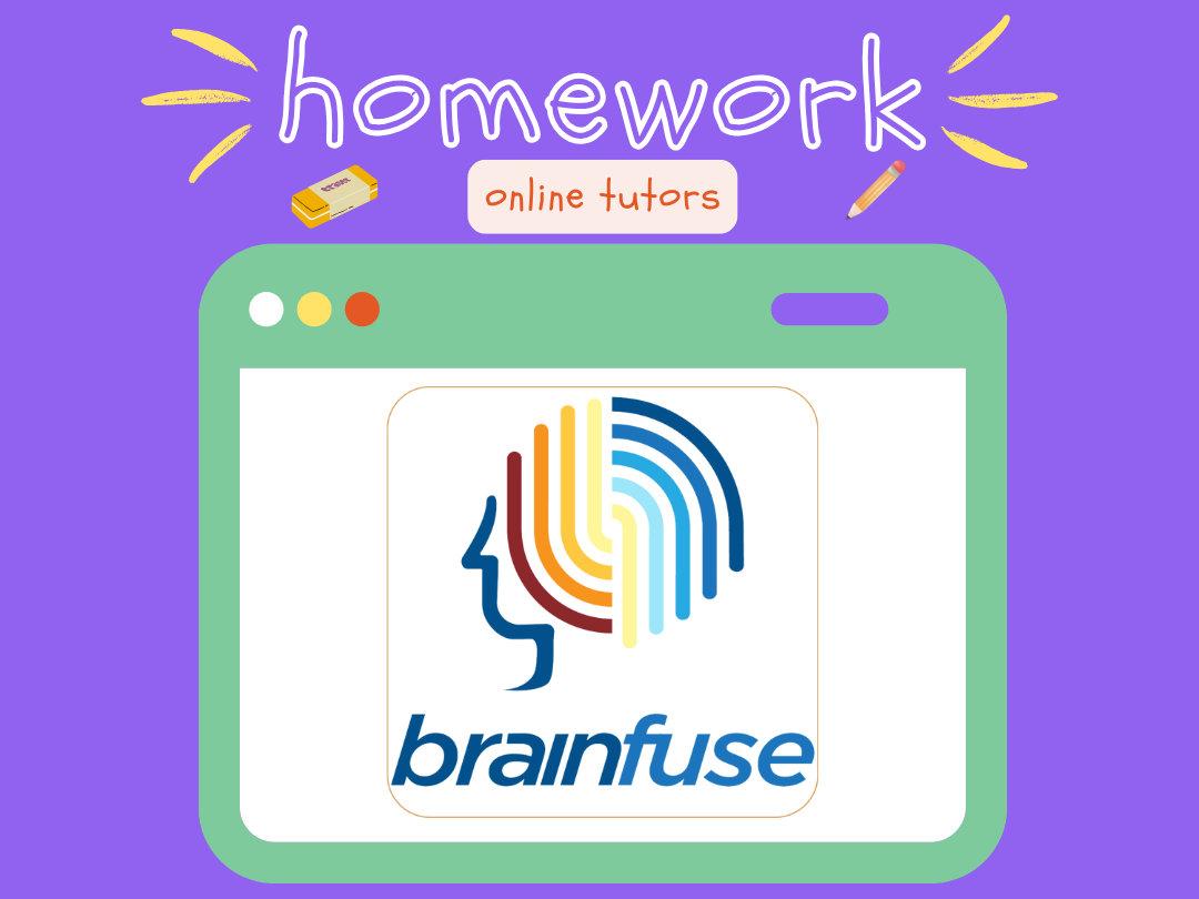 purple background image with a tablet graphic that has Homework Online tutors and Brainfuse service logo on it.